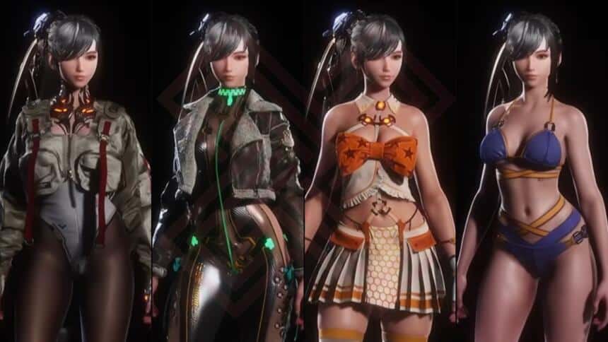 An image showing multiple version of Eve from Stellar Blade standing next to each other wearing different outfits.