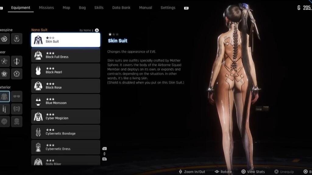 A screenshot showing the backside of Eve in Stellar Blade wearing the Skin Suit.