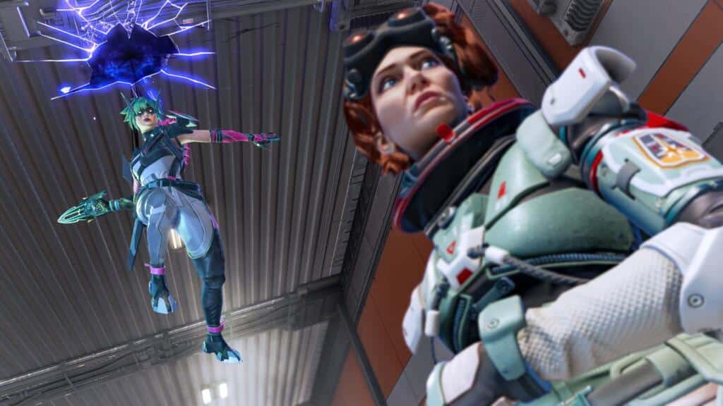 A screenshot from Apex Legends season 21 showing Alter attacking Horizon from the back using her tactical ability.