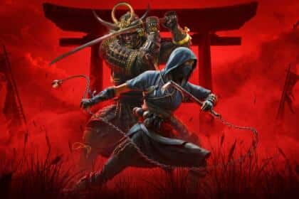 An image showing a promotional image of Assassin's Creed Shadows featuring a samurai and a ninja.