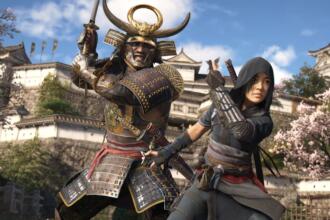An image showing a still from Assassin's Creed Shadows with its protagonists standing on defensive poses.