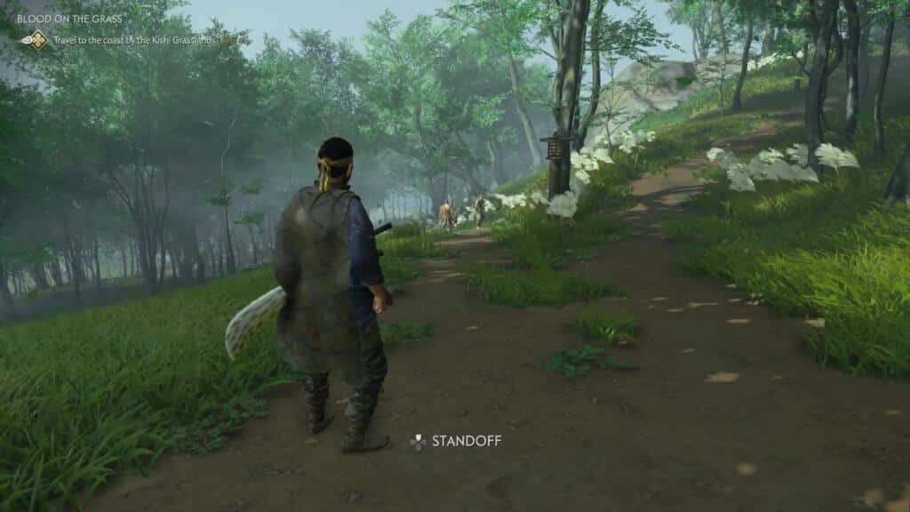 A screenshot showing Ghost of Tsushima Standoff sequence from the game.