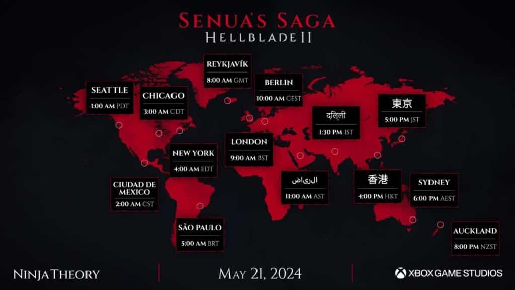 An image showing a timezone map highlighting different release timings for Hellblade 2 game.