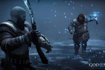 A god of war promotional image showing Kratos fighting Thor.
