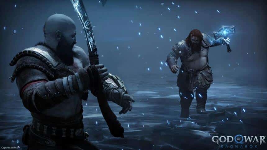 A god of war promotional image showing Kratos fighting Thor.