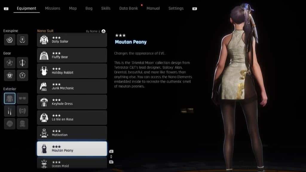 A screenshot from Stellar Blade showing the back of Eve wearing the Moutan Peony outfit.