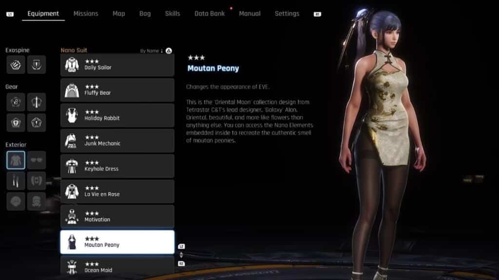 A screenshot from Stellar Blade showing the front of Eve wearing the Moutan Peony outfit.