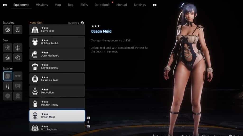 A screenshot from Stellar Blade showing the front of Eve wearing the Ocean Maid outfit.