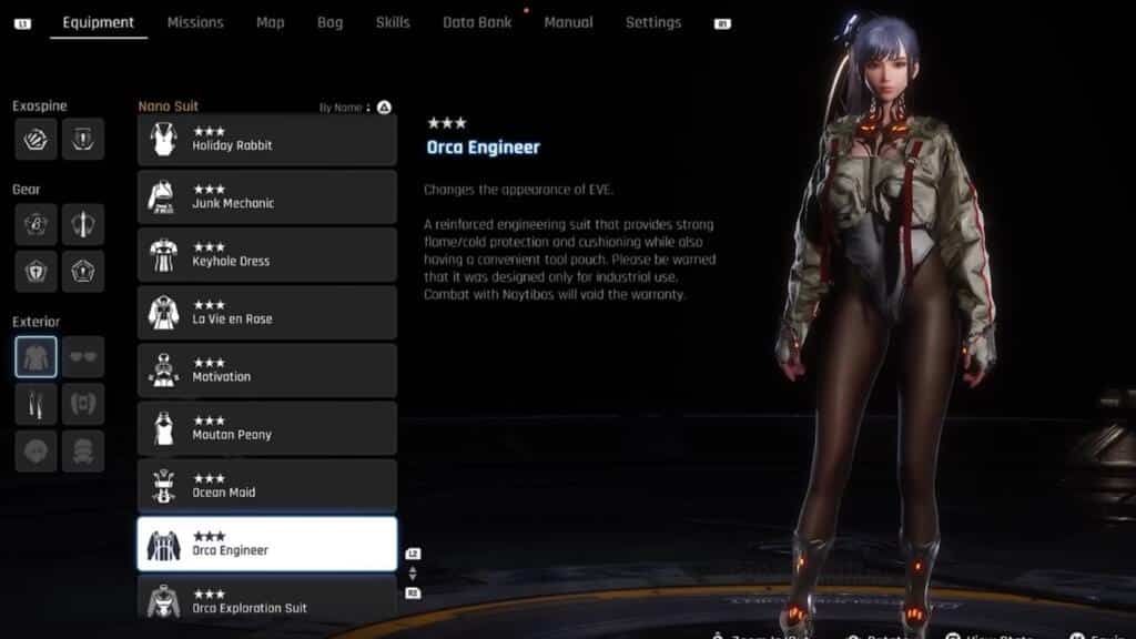 A screenshot from Stellar Blade showing the front of Eve wearing the Orca Engineer outfit.