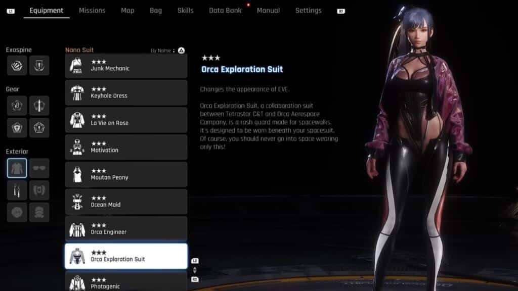 A screenshot from Stellar Blade showing the front of Eve wearing the Orca exploration suit outfit.