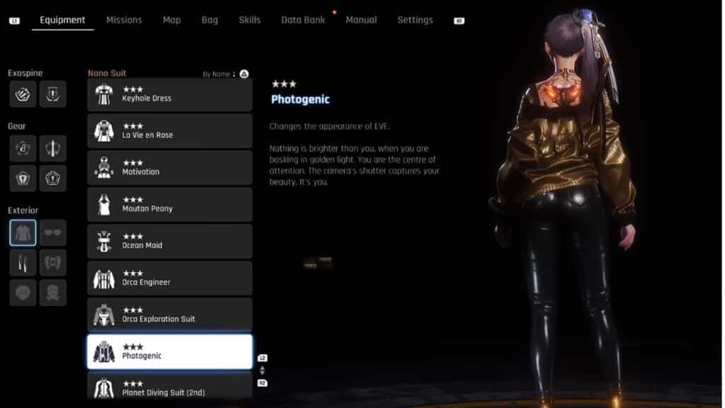 A screenshot from Stellar Blade showing the back of Eve wearing the Photogenic outfit.