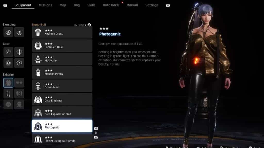 A screenshot from Stellar Blade showing the front of Eve wearing the Photogenic outfit.