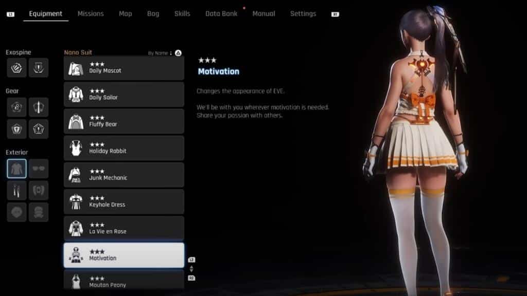 A screenshot from Stellar Blade showing Eve wearing the Motivation outfit.