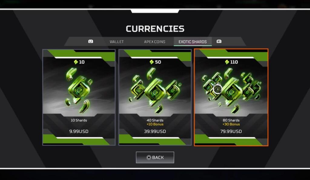 exotic shard pricing in Apex Legends