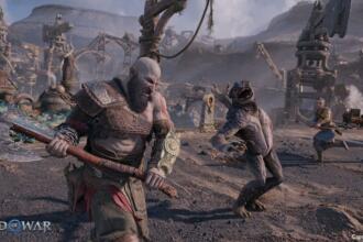 A prmotional image for God of War Ragnarok showing Kratos fighting his foes.
