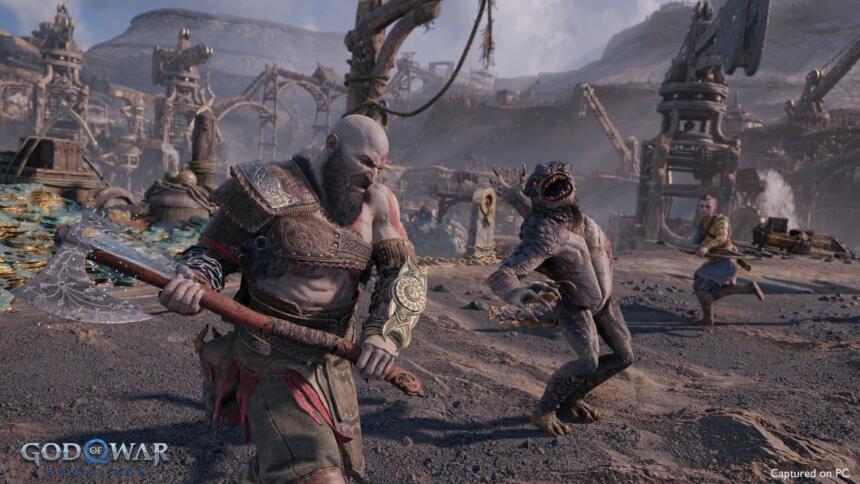 A prmotional image for God of War Ragnarok showing Kratos fighting his foes.