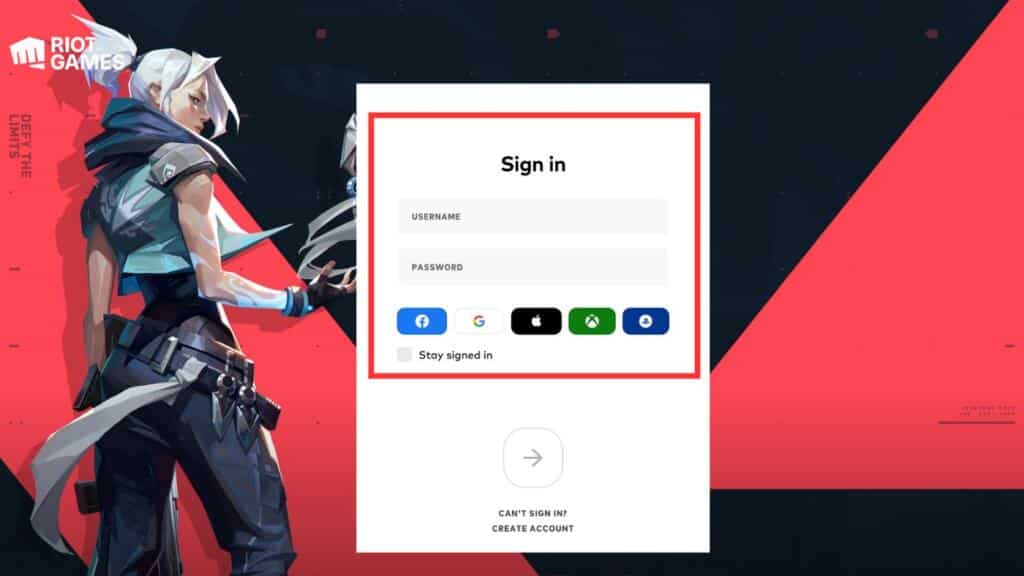 A screenshot showing the highlighted sign in. box on Valorant website.