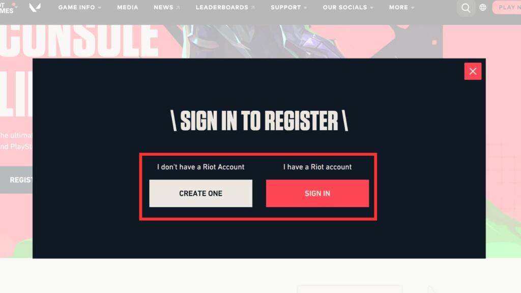 A screenshot showing the highlighted sign up and log in page in Valorant website.